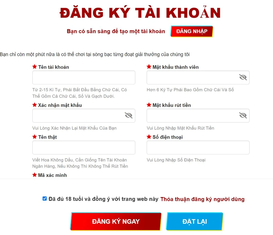 Giao diện đăng ký đơn giản trên nền tảng 88GO