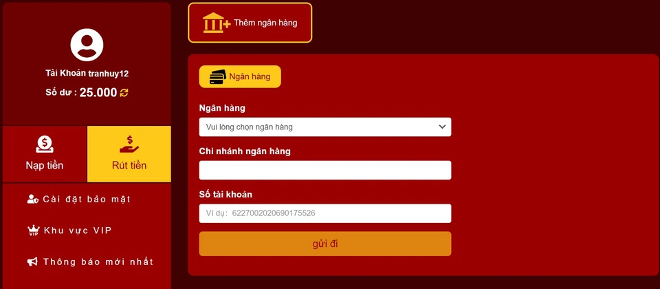 Giao diện rút về tài khoản ngân hàng